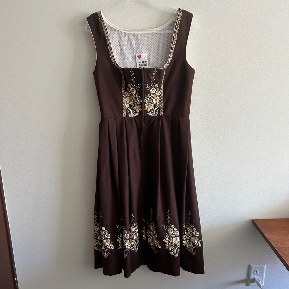 Rose-Dirndl Dress Brown EU40 Bavarian Floral Embroidered Cotton Oktoberfest